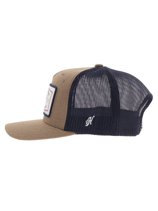 Hooey 2561T-TNNV RANK STOCK High Profile Snapback Trucker Hat Tan Navy side view. If you need any assistance with this item or the purchase of this item please call us at five six one seven four eight eight eight zero one Monday through Saturday 10:00a.m EST to 8:00 p.m EST