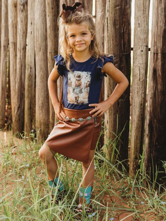 Shea Baby VINB05 Kids Blame It On My Boots Fringe Shirt Navy front view on model. If you need any assistance with this item or the purchase of this item please call us at five six one seven four eight eight eight zero one Monday through Saturday 10:00a.m EST to 8:00 p.m EST