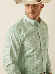 Ariat 10054733 Mens Team Pierson Classic Fit Shirt Light Green arm close up. If you need any assistance with this item or the purchase of this item please call us at five six one seven four eight eight eight zero one Monday through Saturday 10:00a.m EST to 8:00 p.m EST

