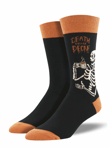 Socksmith MNC929-BLK Mens Death Before Decaf Socks Black front and side view of pair. If you need any assistance with this item or the purchase of this item please call us at five six one seven four eight eight eight zero one Monday through Saturday 10:00a.m EST to 8:00 p.m EST