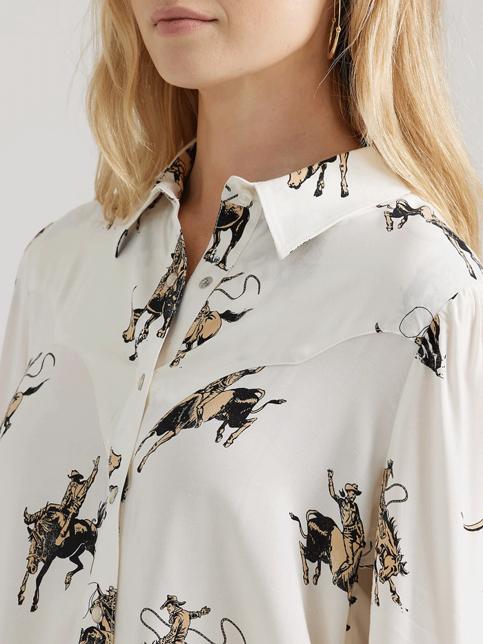 Wrangler 112356671 Womens Retro Drapey Rodeo Blouse White front. If you need any assistance with this item or the purchase of this item please call us at five six one seven four eight eight eight zero one Monday through Saturday 10:00a.m EST to 8:00 p.m EST