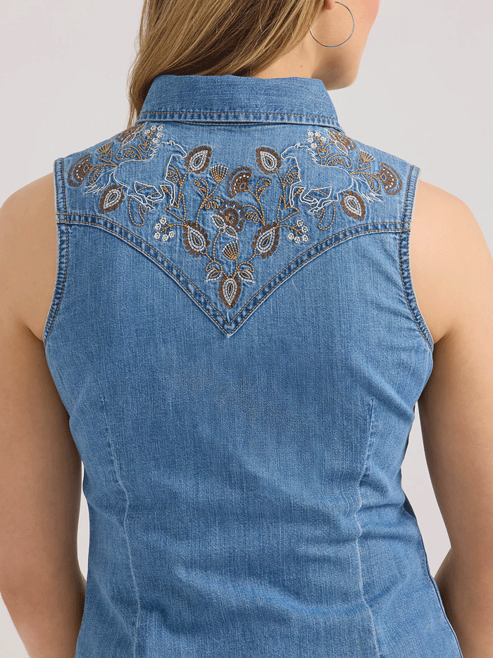 Wrangler 112361174 Womens Embellished Denim Sleeveless Snap Shirt Mid Wash front view. If you need any assistance with this item or the purchase of this item please call us at five six one seven four eight eight eight zero one Monday through Saturday 10:00a.m EST to 8:00 p.m EST