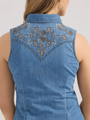 Wrangler 112361174 Womens Embellished Denim Sleeveless Snap Shirt Mid Wash back close up. If you need any assistance with this item or the purchase of this item please call us at five six one seven four eight eight eight zero one Monday through Saturday 10:00a.m EST to 8:00 p.m EST