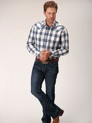 Roper 03-001-0278-2089 Mens Amarillo Collection Plaid Snap Shirt Blue front view. If you need any assistance with this item or the purchase of this item please call us at five six one seven four eight eight eight zero one Monday through Saturday 10:00a.m EST to 8:00 p.m EST