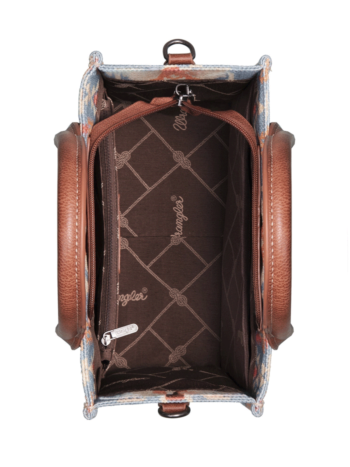 Wrangler WG2202-8120SCF Womens Southwestern Print Small Canvas Crossbody Tote Coffee Tan front view. If you need any assistance with this item or the purchase of this item please call us at five six one seven four eight eight eight zero one Monday through Saturday 10:00a.m EST to 8:00 p.m EST