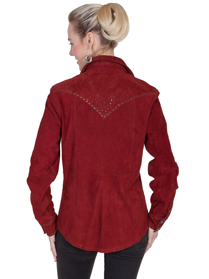 Scully L517 Womens Suede Shirt Jacket Cranberry Burgundy front view. If you need any assistance with this item or the purchase of this item please call us at five six one seven four eight eight eight zero one Monday through Saturday 10:00a.m EST to 8:00 p.m EST