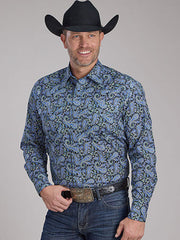 Roper 03-001-0225-1010 Mens Amarillo Collection All Over Print Snap Shirt Blue front view. If you need any assistance with this item or the purchase of this item please call us at five six one seven four eight eight eight zero one Monday through Saturday 10:00a.m EST to 8:00 p.m EST