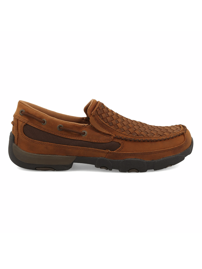 Twisted X MDMS017 Mens Slip On Driving Moc Oiled Saddle And Brown front and side view. If you need any assistance with this item or the purchase of this item please call us at five six one seven four eight eight eight zero one Monday through Saturday 10:00a.m EST to 8:00 p.m EST