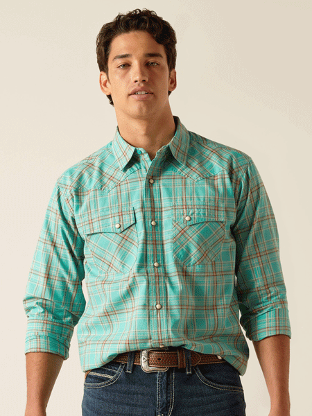 Ariat 10048496 Mens Hudsyn Retro Fit Shirt Blue Turquoise front view. If you need any assistance with this item or the purchase of this item please call us at five six one seven four eight eight eight zero one Monday through Saturday 10:00a.m EST to 8:00 p.m EST