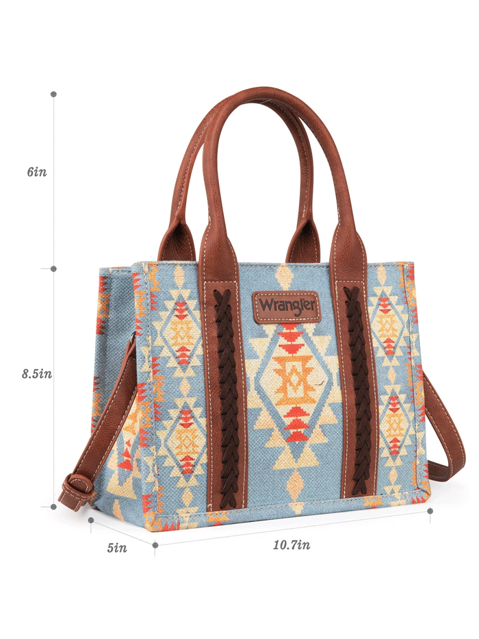 Wrangler WG2202-8120SBR Womens Southwestern Print Small Canvas Crossbody Tote Brown Light Blue front view. If you need any assistance with this item or the purchase of this item please call us at five six one seven four eight eight eight zero one Monday through Saturday 10:00a.m EST to 8:00 p.m EST

