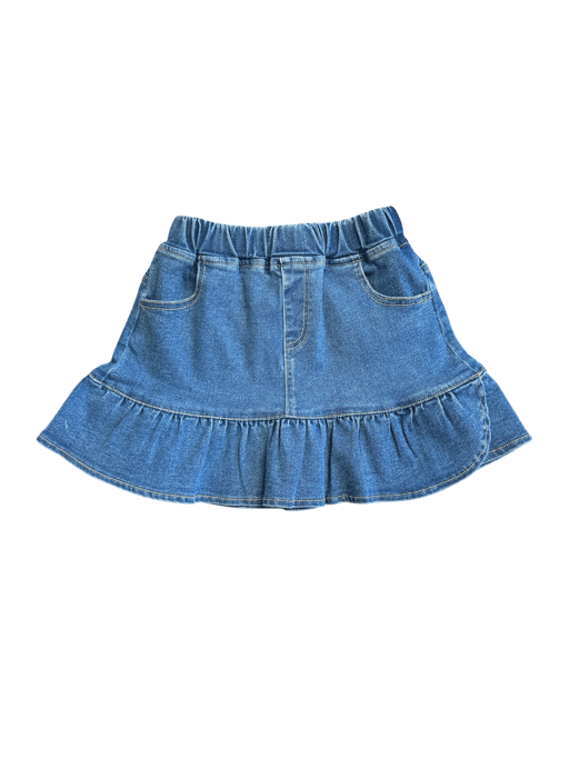 Shea Baby SBD01 Kids Ruffle Denim Skirt Blue front view on little girl