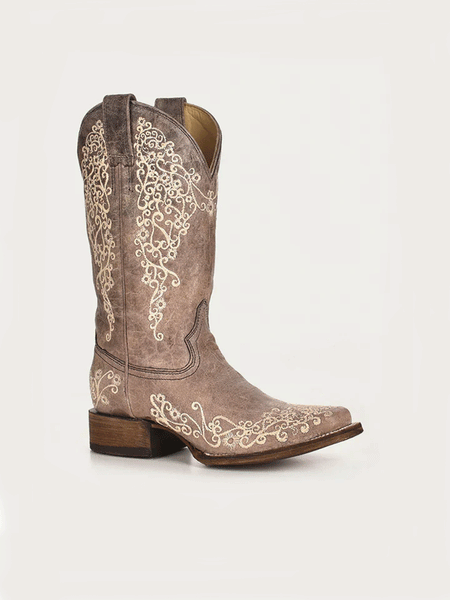 Corral A2663 Ladies Crater Bone Embroidery Square Toe Boot Brown front and side view. If you need any assistance with this item or the purchase of this item please call us at five six one seven four eight eight eight zero one Monday through Saturday 10:00a.m EST to 8:00 p.m EST