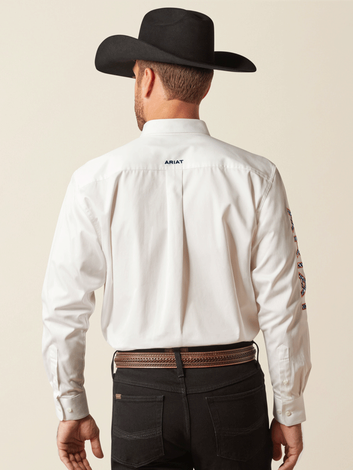Ariat 10048807 Mens Team Logo Twill Classic Fit Shirt White front and side view. If you need any assistance with this item or the purchase of this item please call us at five six one seven four eight eight eight zero one Monday through Saturday 10:00a.m EST to 8:00 p.m EST