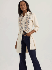 Wrangler 112361198 Womens Embroidered Wildflower Western Snap Shirt Dress Cream front view as shirt. If you need any assistance with this item or the purchase of this item please call us at five six one seven four eight eight eight zero one Monday through Saturday 10:00a.m EST to 8:00 p.m EST