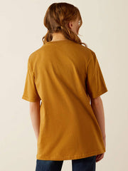 Ariat 10054025 Kids Punchy Rally Call T-Shirt Harvest Gold back view. If you need any assistance with this item or the purchase of this item please call us at five six one seven four eight eight eight zero one Monday through Saturday 10:00a.m EST to 8:00 p.m EST