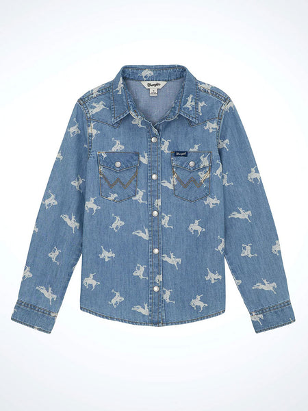 Wrangler 112359421 Girls Printed Denim Western Snap Shirt Blue front view.  If you need any assistance with this item or the purchase of this item please call us at five six one seven four eight eight eight zero one Monday through Saturday 10:00a.m EST to 8:00 p.m EST