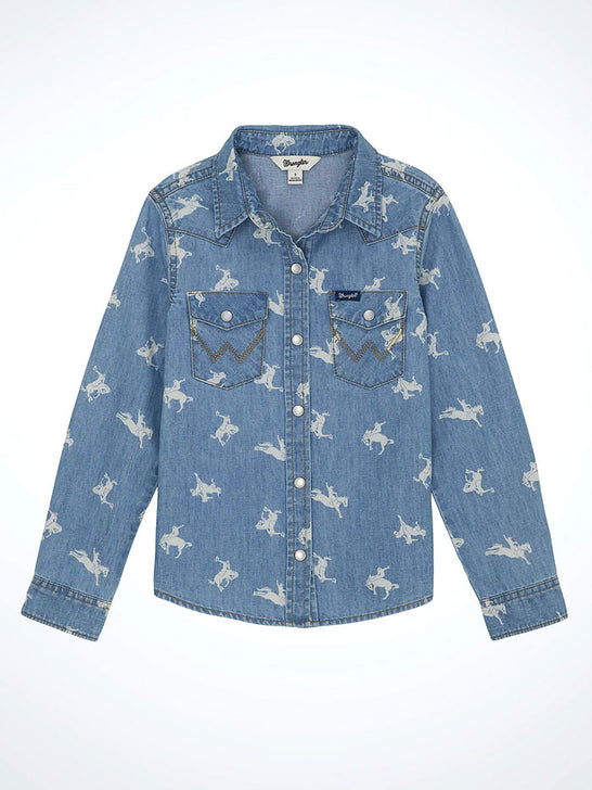 Wrangler 112359421 Girls Printed Denim Western Snap Shirt Blue front view.  If you need any assistance with this item or the purchase of this item please call us at five six one seven four eight eight eight zero one Monday through Saturday 10:00a.m EST to 8:00 p.m EST