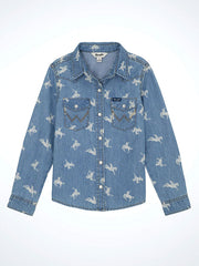 Wrangler 112359421 Girls Printed Denim Western Snap Shirt Blue front view.  If you need any assistance with this item or the purchase of this item please call us at five six one seven four eight eight eight zero one Monday through Saturday 10:00a.m EST to 8:00 p.m EST