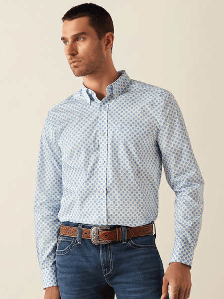 Ariat 10054662 Mens Wrinkle Free Booker Fitted Shirt Blue front view. If you need any assistance with this item or the purchase of this item please call us at five six one seven four eight eight eight zero one Monday through Saturday 10:00a.m EST to 8:00 p.m EST