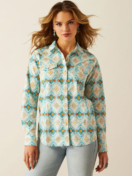 Ariat 10060382 Womens Everyday Western Snap Shirt Cayo Print Turquoise front view. If you need any assistance with this item or the purchase of this item please call us at five six one seven four eight eight eight zero one Monday through Saturday 10:00a.m EST to 8:00 p.m EST