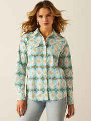 Ariat 10060382 Womens Everyday Western Snap Shirt Cayo Print Turquoise front view. If you need any assistance with this item or the purchase of this item please call us at five six one seven four eight eight eight zero one Monday through Saturday 10:00a.m EST to 8:00 p.m EST