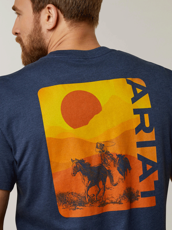 Ariat 10045275 Mens Mustang Fever T-Shirt Navy Heather back view. If you need any assistance with this item or the purchase of this item please call us at five six one seven four eight eight eight zero one Monday through Saturday 10:00a.m EST to 8:00 p.m EST