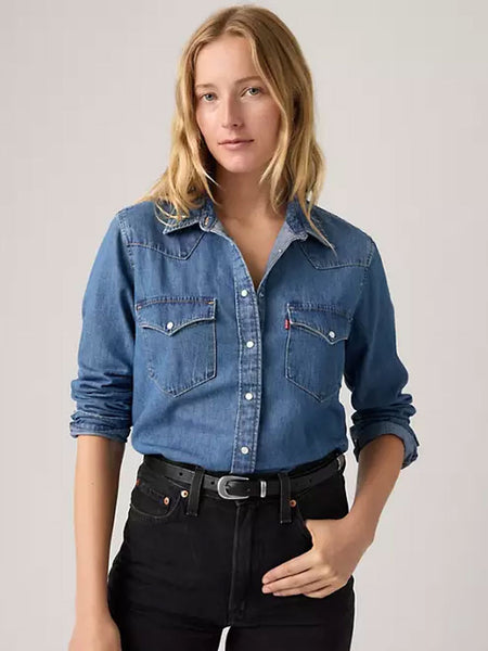 Levi's 868320018 Womens The Ultimate Western Shirt Mighty Fine - Medium Wash front view. If you need any assistance with this item or the purchase of this item please call us at five six one seven four eight eight eight zero one Monday through Saturday 10:00a.m EST to 8:00 p.m EST
