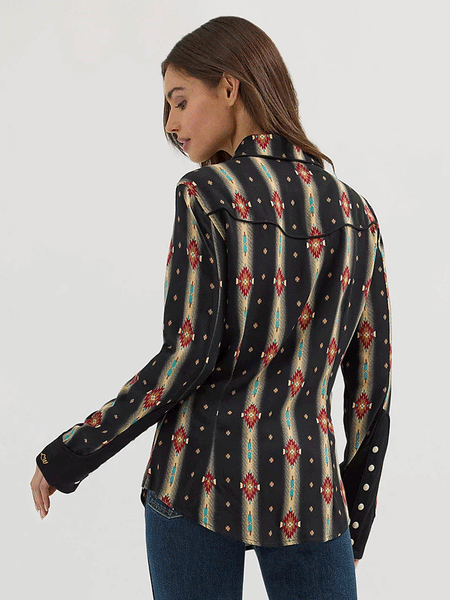 Wrangler 112360598 Womens X Lainey Wilson Classic Long Sleeve Shirt Checotah Black back. If you need any assistance with this item or the purchase of this item please call us at five six one seven four eight eight eight zero one Monday through Saturday 10:00a.m EST to 8:00 p.m EST