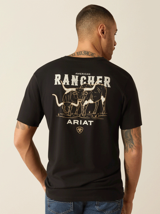 Ariat 10052018 Mens American Rancher T-Shirt Black back view. If you need any assistance with this item or the purchase of this item please call us at five six one seven four eight eight eight zero one Monday through Saturday 10:00a.m EST to 8:00 p.m EST