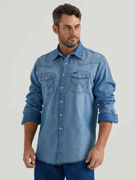 Wrangler 112345068 Mens Vintage-Inspired Western Snap Workshirt Medium Blue front view. If you need any assistance with this item or the purchase of this item please call us at five six one seven four eight eight eight zero one Monday through Saturday 10:00a.m EST to 8:00 p.m EST