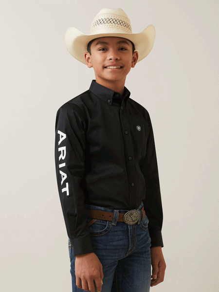 Ariat 10045426 Kids Team Logo Twill Classic Fit Shirt Black front view. If you need any assistance with this item or the purchase of this item please call us at five six one seven four eight eight eight zero one Monday through Saturday 10:00a.m EST to 8:00 p.m EST