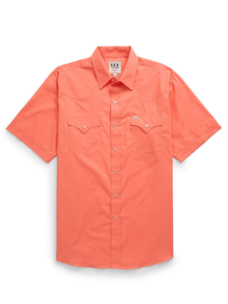 Ely Cattleman 201605-54 Mens Short Sleeve Solid Western Shirt Coral front view. If you need any assistance with this item or the purchase of this item please call us at five six one seven four eight eight eight zero one Monday through Saturday 10:00a.m EST to 8:00 p.m EST