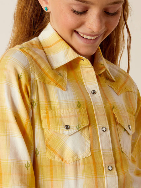 Ariat 10048597 Kids Long Sleeve Plaid Shirt Cactus Dobby front close up. If you need any assistance with this item or the purchase of this item please call us at five six one seven four eight eight eight zero one Monday through Saturday 10:00a.m EST to 8:00 p.m EST