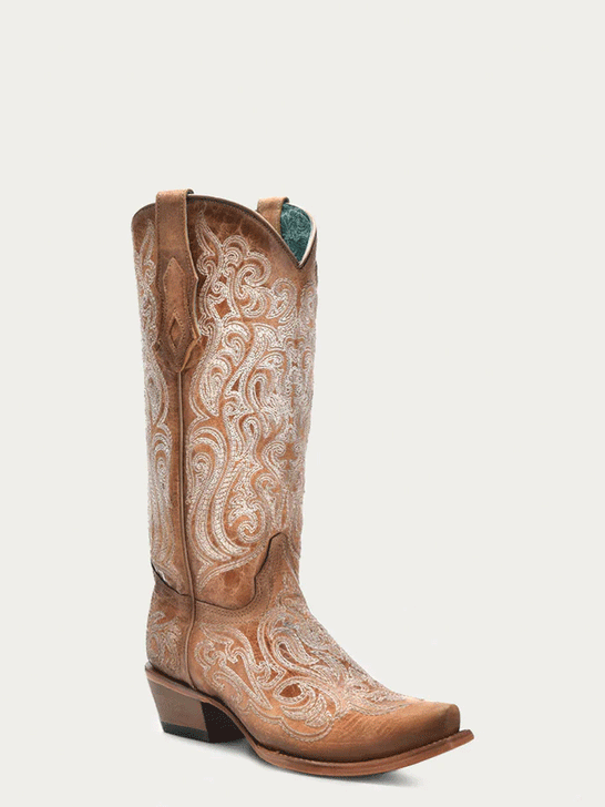 Circle G C4144 Ladies Cowhide Embroidery Boot Natural Camel Tan front and side view. If you need any assistance with this item or the purchase of this item please call us at five six one seven four eight eight eight zero one Monday through Saturday 10:00a.m EST to 8:00 p.m EST