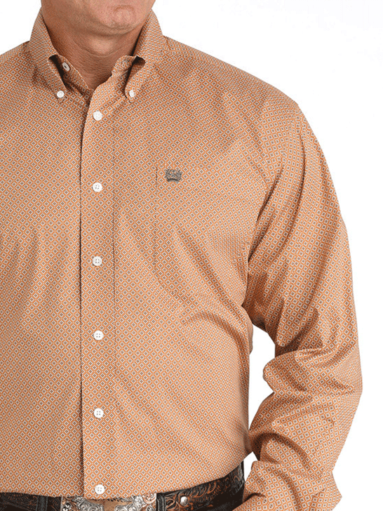 Cinch MTW1105980 Mens Long Sleeve Print Shirt Brown Tan close up. If you need any assistance with this item or the purchase of this item please call us at five six one seven four eight eight eight zero one Monday through Saturday 10:00a.m EST to 8:00 p.m EST