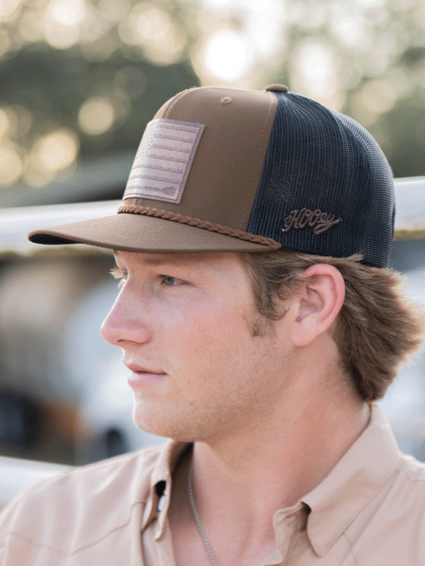 Hooey 2510T-BRBK LIBERTY ROPER 6 Panel Trucker Cap With Leather Patch Brown front and side view. If you need any assistance with this item or the purchase of this item please call us at five six one seven four eight eight eight zero one Monday through Saturday 10:00a.m EST to 8:00 p.m EST