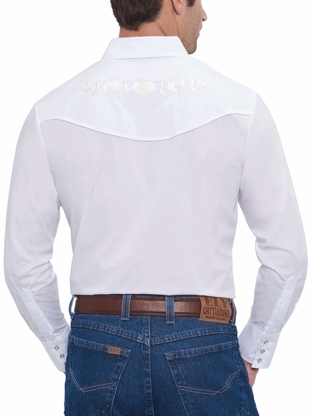 Ely Cattleman 15203901-05 Mens White Rose Embroidery Long Sleeve Western Shirt White back view. If you need any assistance with this item or the purchase of this item please call us at five six one seven four eight eight eight zero one Monday through Saturday 10:00a.m EST to 8:00 p.m EST