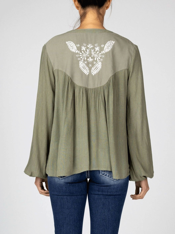 Miss Me MT2714L Womens Embroidered Peasant Blouse Olive Green front view. If you need any assistance with this item or the purchase of this item please call us at five six one seven four eight eight eight zero one Monday through Saturday 10:00a.m EST to 8:00 p.m EST