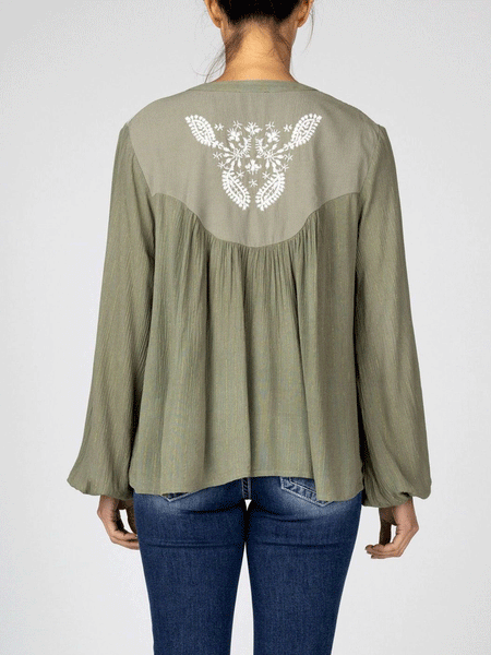 Miss Me MT2714L Womens Embroidered Peasant Blouse Olive Green back view. If you need any assistance with this item or the purchase of this item please call us at five six one seven four eight eight eight zero one Monday through Saturday 10:00a.m EST to 8:00 p.m EST