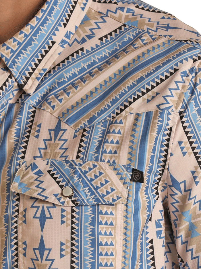Rock & Roll Denim BMN3S02546 Mens Tek Western Short Sleeve Aztec Ripstop Snap Shirt Blue front view. If you need any assistance with this item or the purchase of this item please call us at five six one seven four eight eight eight zero one Monday through Saturday 10:00a.m EST to 8:00 p.m EST