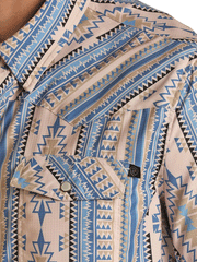 Rock & Roll Denim BMN3S02546 Mens Tek Western Short Sleeve Aztec Ripstop Snap Shirt Blue close up view of pocket and collar. If you need any assistance with this item or the purchase of this item please call us at five six one seven four eight eight eight zero one Monday through Saturday 10:00a.m EST to 8:00 p.m EST