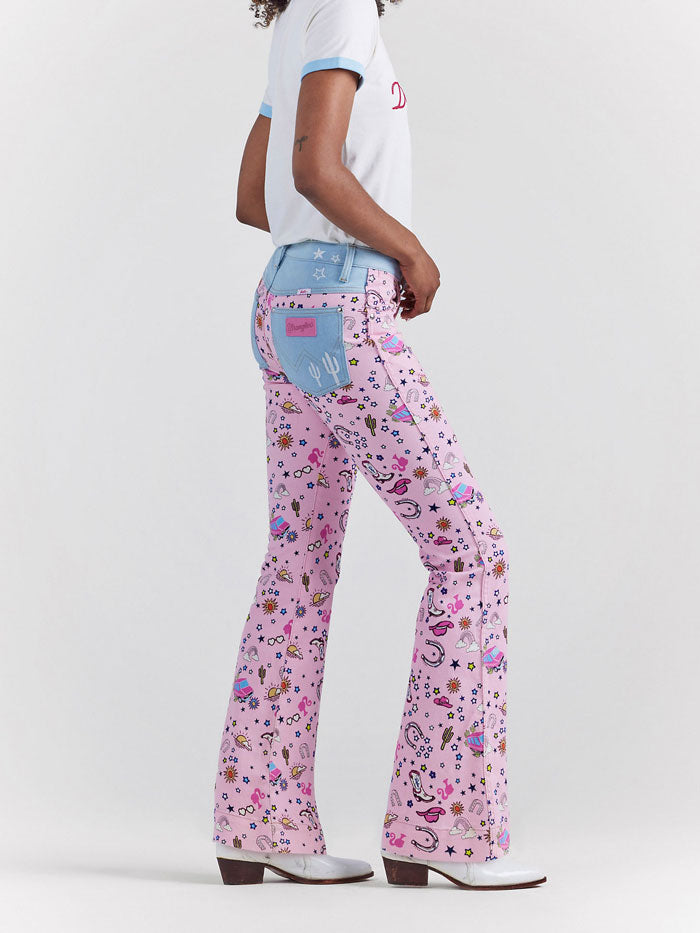 Wrangler 112345041 Womens BARBIE Retro High Rise Trouser Jean Pinnacle Pink front view. If you need any assistance with this item or the purchase of this item please call us at five six one seven four eight eight eight zero one Monday through Saturday 10:00a.m EST to 8:00 p.m EST