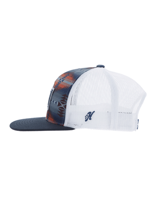Hooey 2502T-NVWH DOC Aztec Rectangle Patch Trucker Hat Navy side view. If you need any assistance with this item or the purchase of this item please call us at five six one seven four eight eight eight zero one Monday through Saturday 10:00a.m EST to 8:00 p.m EST