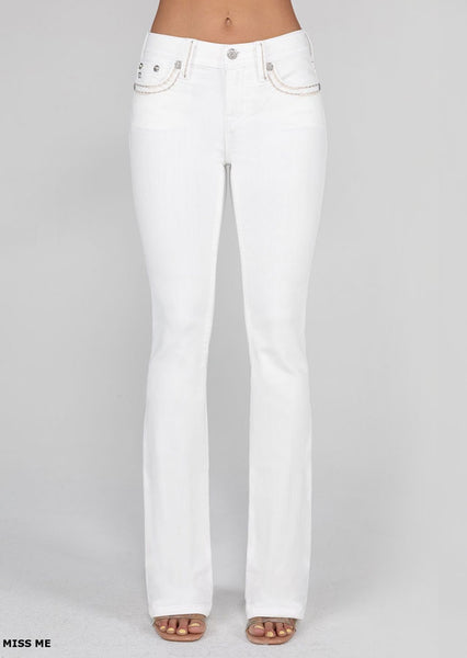 Miss Me M5014B400 Womens Mid-Rise Boot Jean White front view. If you need any assistance with this item or the purchase of this item please call us at five six one seven four eight eight eight zero one Monday through Saturday 10:00a.m EST to 8:00 p.m EST