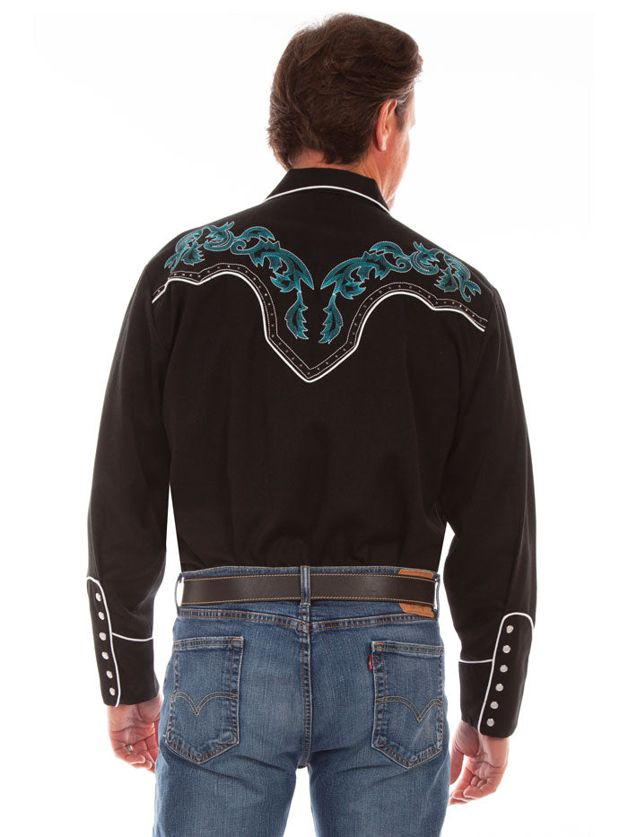 Scully P-903-BLK Mens Embroidered Western Shirt Black front view. If you need any assistance with this item or the purchase of this item please call us at five six one seven four eight eight eight zero one Monday through Saturday 10:00a.m EST to 8:00 p.m EST