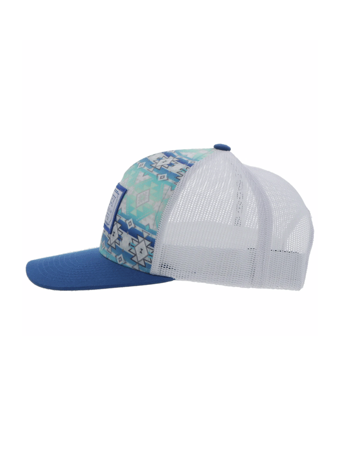 Hooey 2302T-TLWH DOC Mid Profile Aztec Print Trucker Hat White And Teal front and side view. If you need any assistance with this item or the purchase of this item please call us at five six one seven four eight eight eight zero one Monday through Saturday 10:00a.m EST to 8:00 p.m EST