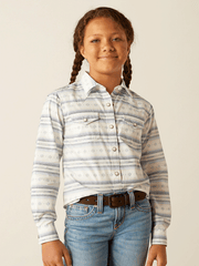 Ariat 10055292 Kids Alyssa Shirt Geo Stream Serape Light Blue front view. If you need any assistance with this item or the purchase of this item please call us at five six one seven four eight eight eight zero one Monday through Saturday 10:00a.m EST to 8:00 p.m EST

