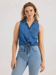 Wrangler 112360785 Womens Sleeveless Tie Front Shirt Mid Wash Denim front view. If you need any assistance with this item or the purchase of this item please call us at five six one seven four eight eight eight zero one Monday through Saturday 10:00a.m EST to 8:00 p.m EST

