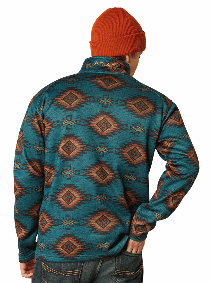 Ariat 10053016 Mens Caldwell Logo Sweater Blue Coral Southwest front view. If you need any assistance with this item or the purchase of this item please call us at five six one seven four eight eight eight zero one Monday through Saturday 10:00a.m EST to 8:00 p.m EST