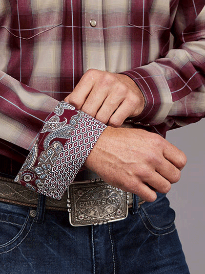 Stetson 11-001-0478-5025 Mens Long Sleeve Plaid Western Shirt Wine contrast cuff view. If you need any assistance with this item or the purchase of this item please call us at five six one seven four eight eight eight zero one Monday through Saturday 10:00a.m EST to 8:00 p.m EST